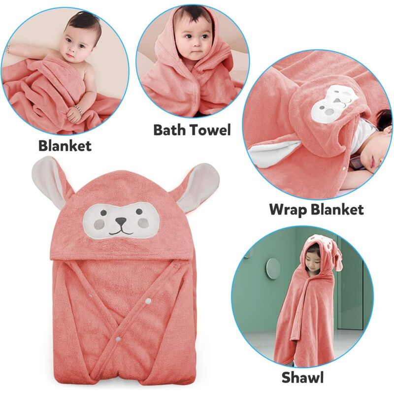 Kids Hooded Bath Towel Ultra Soft Highly Absorbent Bath Towel Gift For Boys Girls Extra Large 70X140Cm Pink