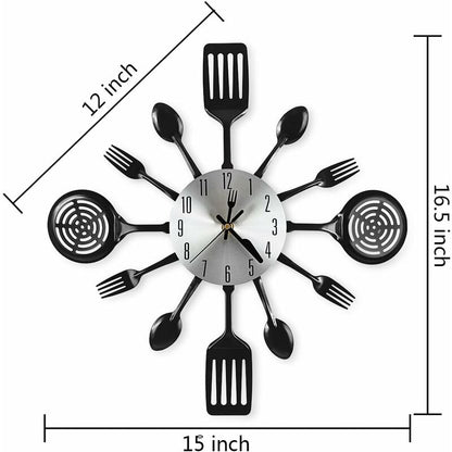 16" Large Kitchen Wall Clocks With Spoons And Forks, Great Home Decor And Nice Gifts, Black