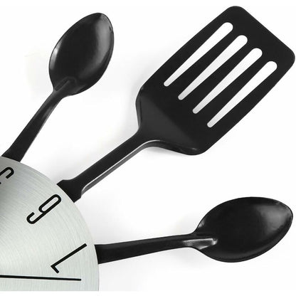 16" Large Kitchen Wall Clocks With Spoons And Forks, Great Home Decor And Nice Gifts, Black