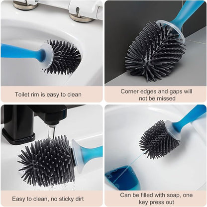Silicone Toilet Brush With Soap Dispenser, Wall Mounted/Standing No Drilling Cleaning Brush With Holder For Bathroom