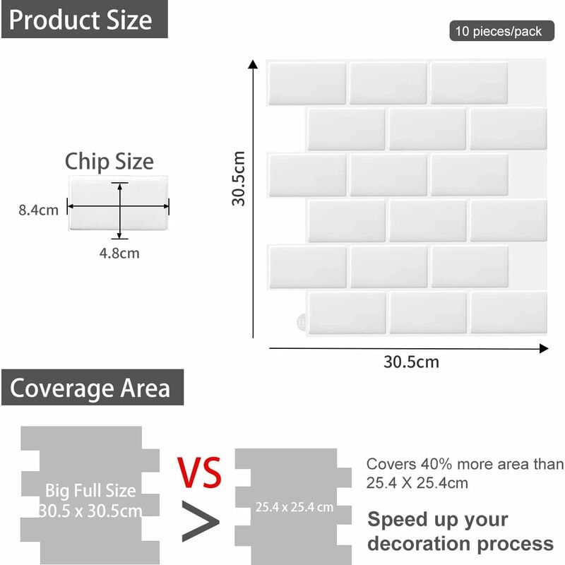 10 pcs White 3D Wall Tile Sticker Kitchen Bathroom (30.5X 30.5Cm)