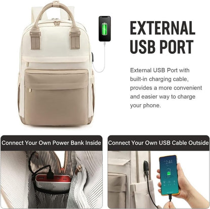 Backpack Waterproof - USB - Beige - White