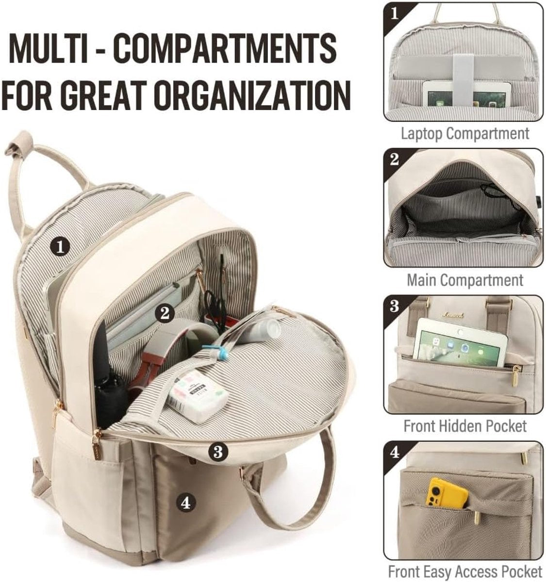 Backpack Waterproof - USB - Beige - White