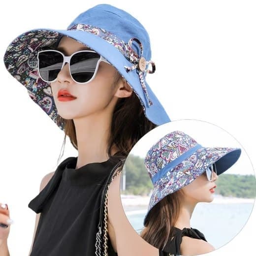 Women's Sun Hat UV Protection with Foldable Visor, Double Sided Blue