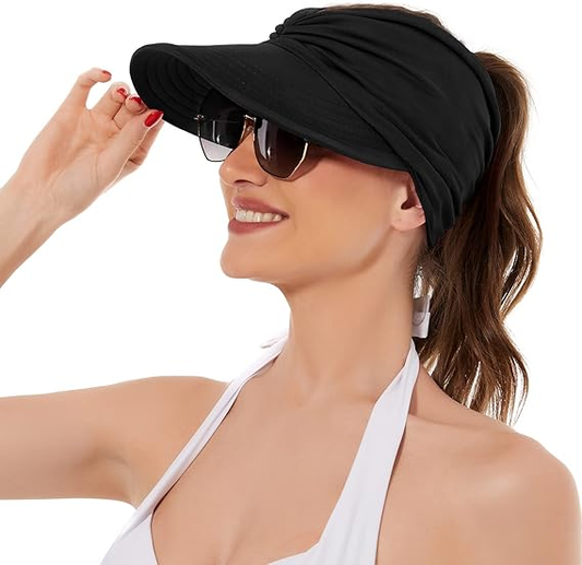 Women's UPF 50+ UV Protection Sun Visor Hat |  That Girl Aesthetic High Ponytail Wide Brim Hat | Birthday Gift for Her Beach Golf Hiking Outdoor Daily Casual WearBlack