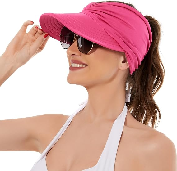 Women's UPF 50+ UV Protection Sun Visor Hat |  That Girl Aesthetic High Ponytail Wide Brim Hat | Birthday Gift for Her Beach Golf Hiking Outdoor Daily Casual WearRose Red