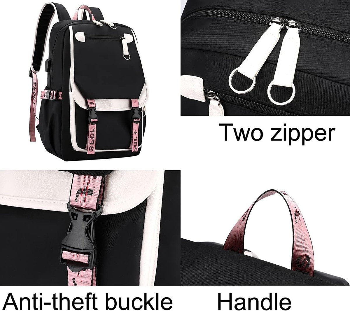 Girls School Student School Bag Outdoor Backpack With USB Charging Port, Black Pink