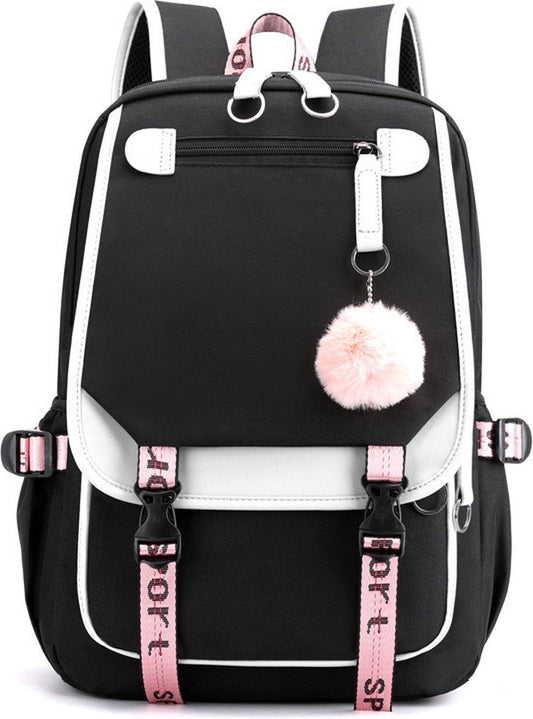 Girls School Student School Bag Outdoor Backpack With USB Charging Port, Black White