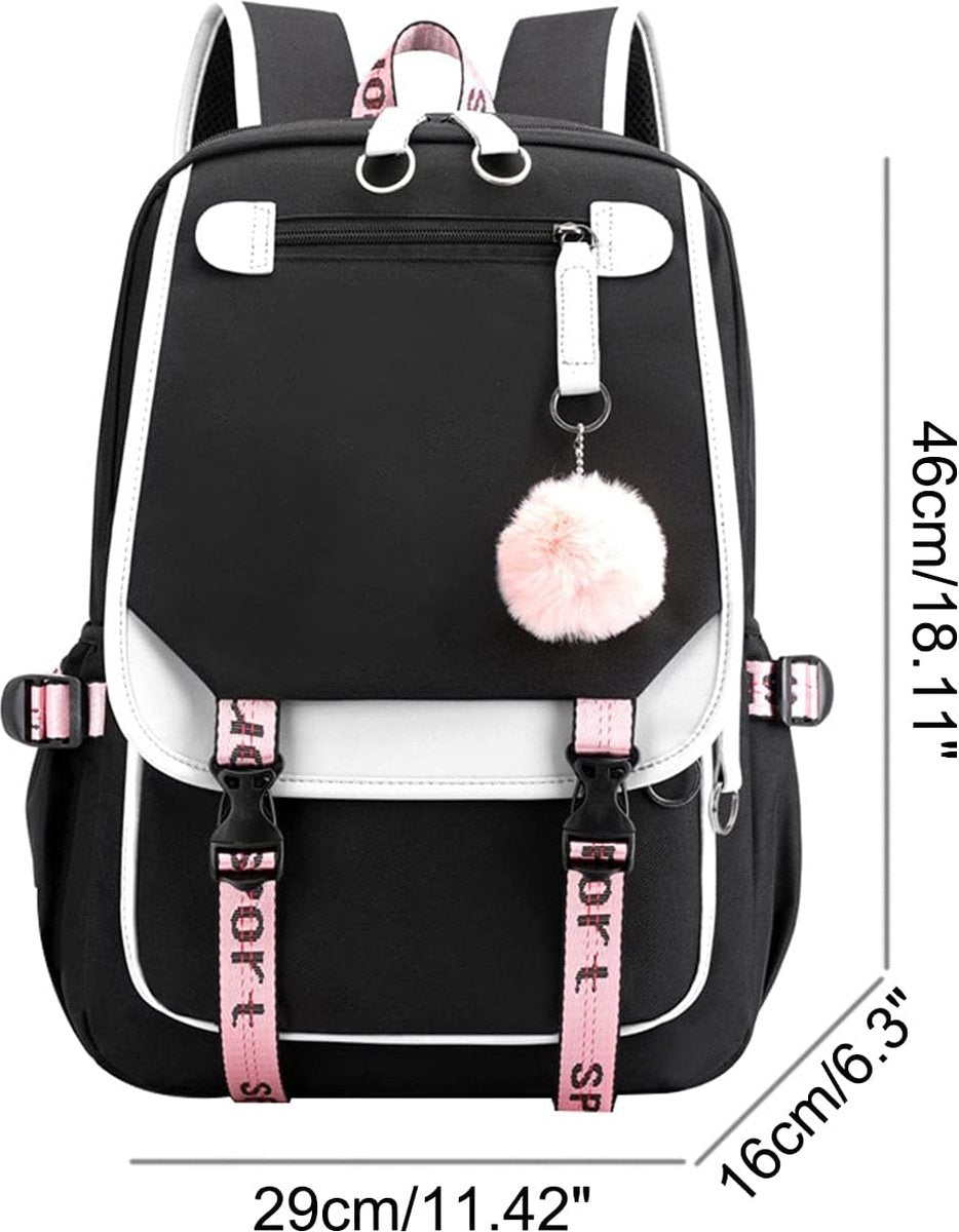 Girls School Student School Bag Outdoor Backpack With USB Charging Port, Black White