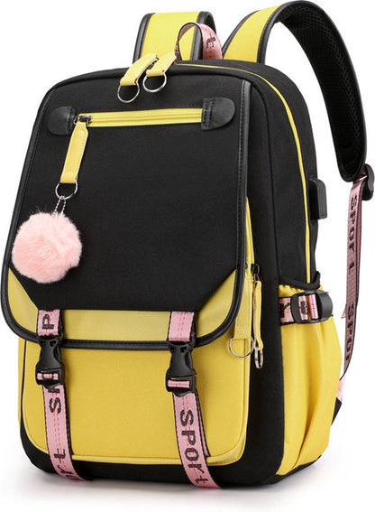 Girls School Student School Bag Outdoor Backpack With USB Charging Port - Black Yellow