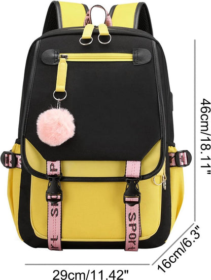 Girls School Student School Bag Outdoor Backpack With USB Charging Port - Black Yellow