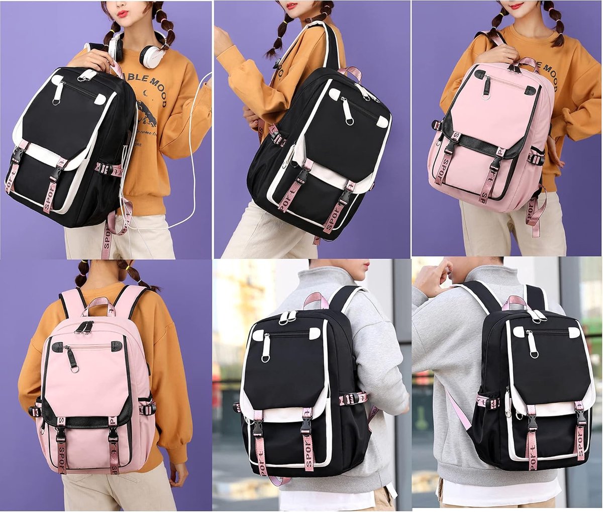 Girls School Student School Bag Outdoor Backpack With USB Charging Port - Black Yellow