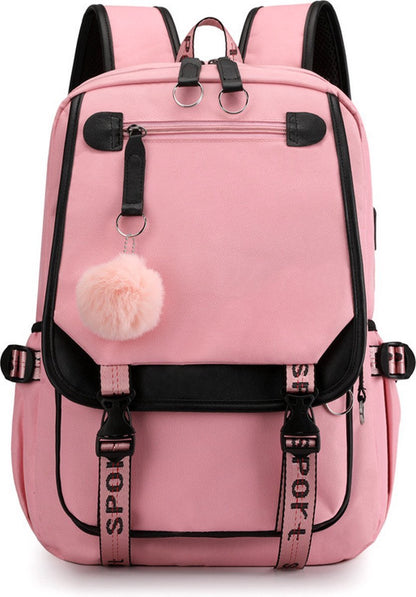 Girls School Student School Bag Outdoor Backpack With USB Charging Port, Pink