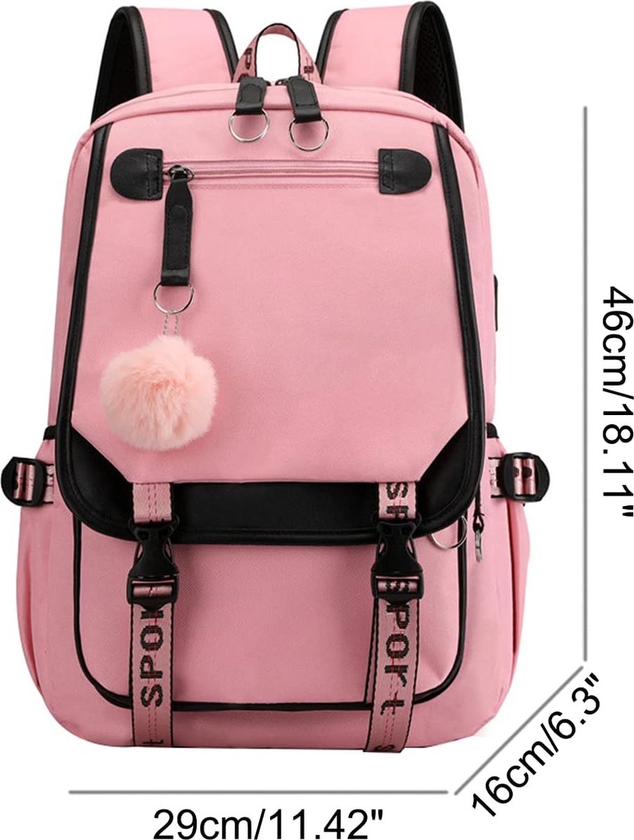 Girls School Student School Bag Outdoor Backpack With USB Charging Port, Pink