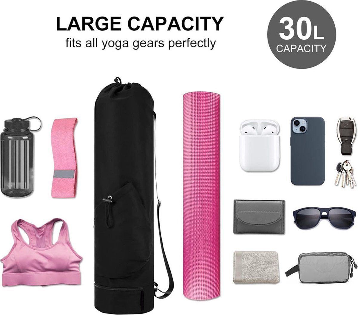 Yoga Bag with Drawstring and Storage Compartment - Black