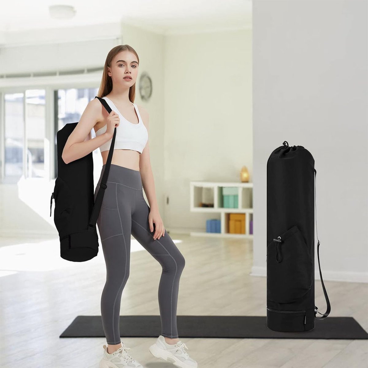 Yoga Bag with Drawstring and Storage Compartment - Black