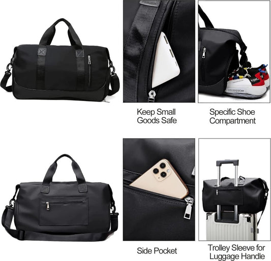 Travel Bag - Gym Bag - Hand Luggage Travel Bag - 47 x 25 x 22 cm - Sports Bag - Shoulder Bag - Waterproof and durable - With shoe compartment - Wet and dry - Suitable for men and women Swimming Sports Travel Gym Bag (black)