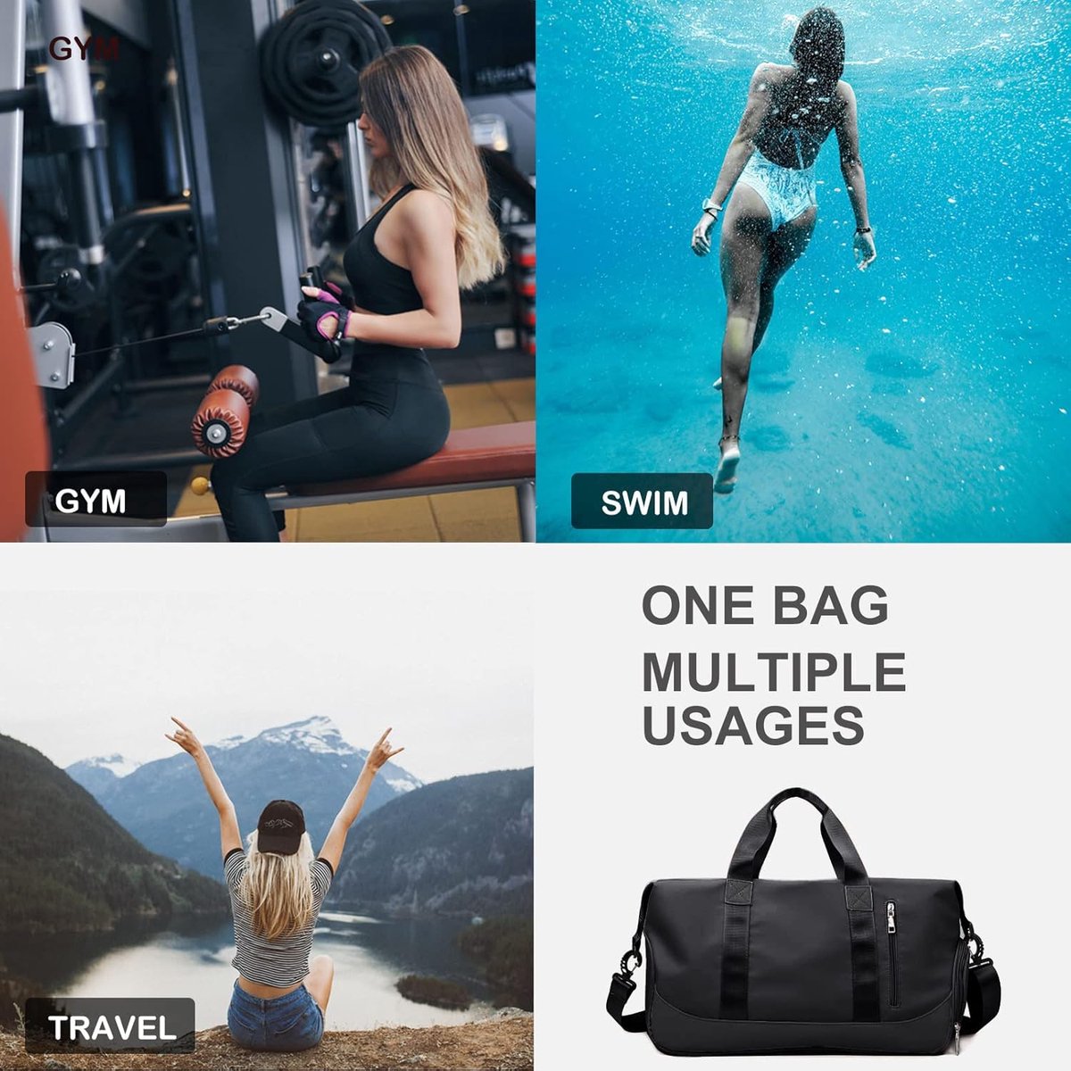 Travel Bag - Gym Bag - Hand Luggage Travel Bag - 47 x 25 x 22 cm - Sports Bag - Shoulder Bag - Waterproof and durable - With shoe compartment - Wet and dry - Suitable for men and women Swimming Sports Travel Gym Bag (black)