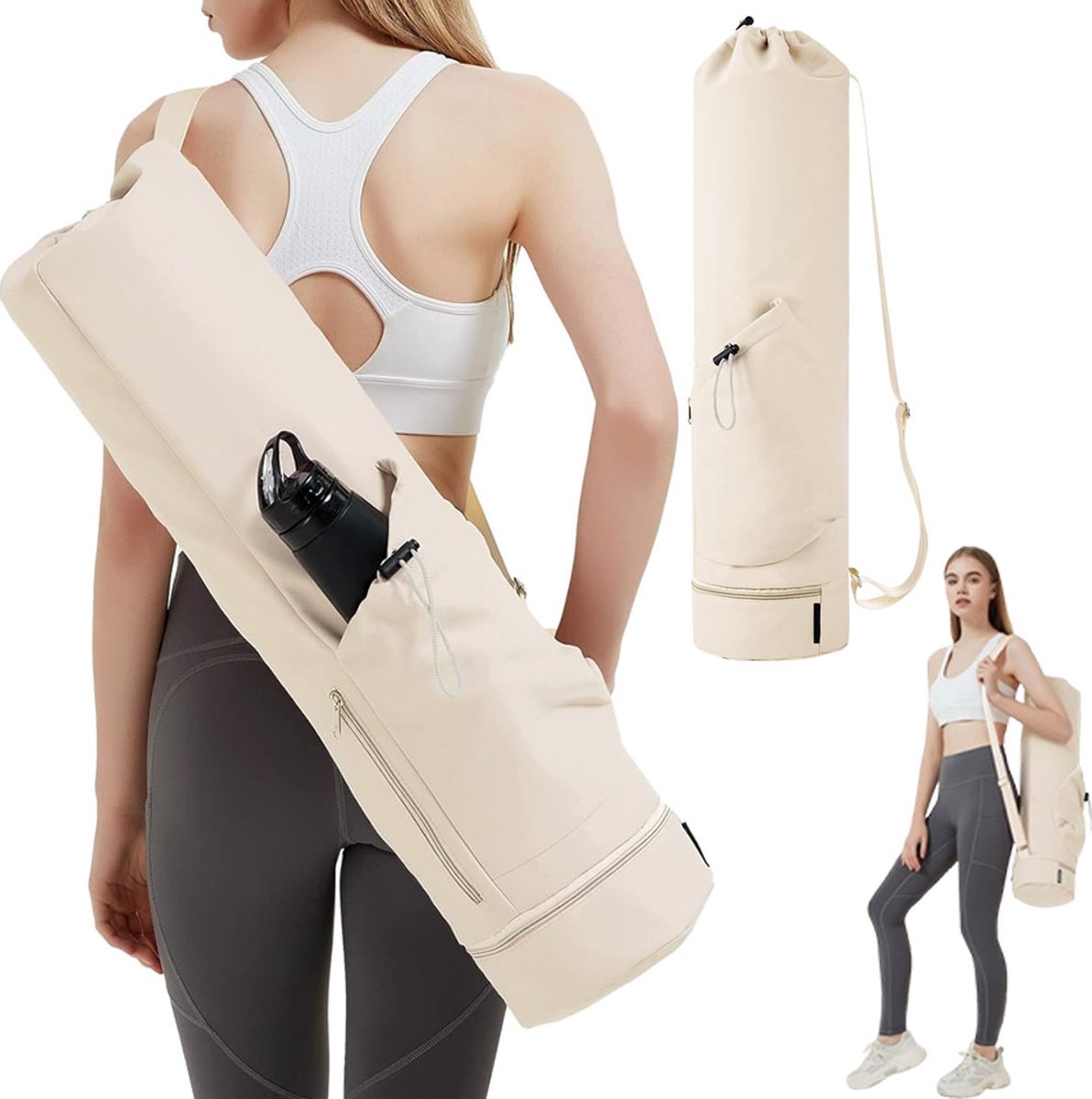 Yoga Bag with Drawstring and Storage Compartment - White