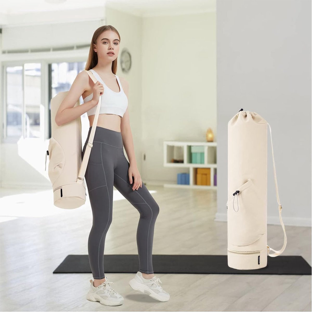 Yoga Bag with Drawstring and Storage Compartment - White