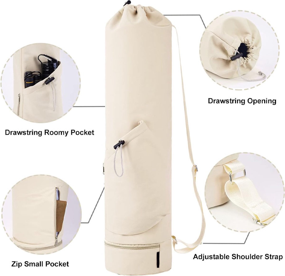 Yoga Bag with Drawstring and Storage Compartment - White