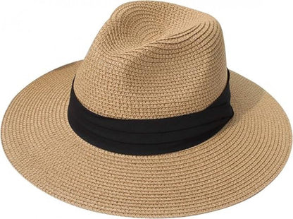 Women Men Straw Hat Panama Hat with Anti-UV for Beach - Khaki