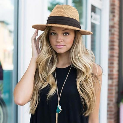 Women Men Straw Hat Panama Hat with Anti-UV for Beach - Khaki