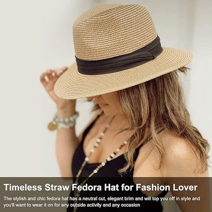 Women Men Straw Hat Panama Hat with Anti-UV for Beach - Khaki