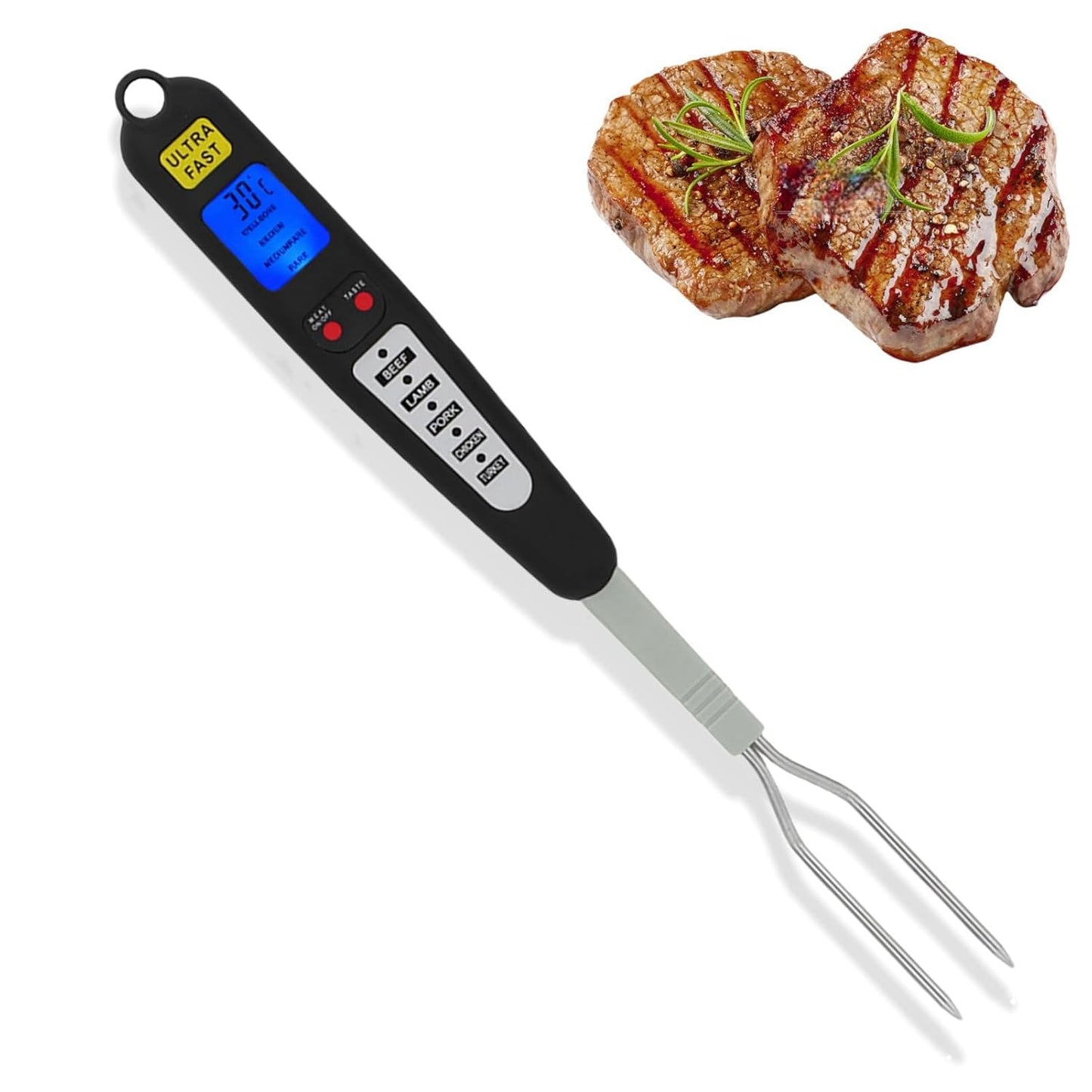Digital Meat Thermometer Fork, Fast Read Grill Thermometer with LED Display and Stainless Steel Probes for Steak Chicken Pork Turkey Hot Grilled Food