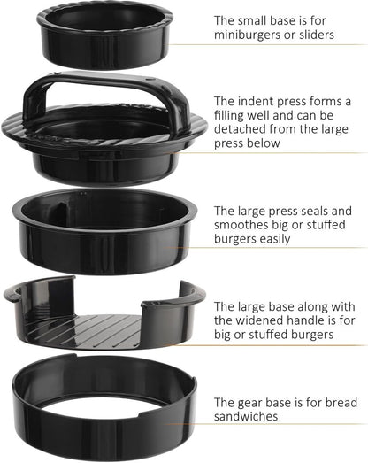 3-in-1 Hamburger and Hamburger Press - Hamburger Mold - Non-stick, Durable Patty Maker for Stuffed Burgers and Sliders - Easy to Clean - Black