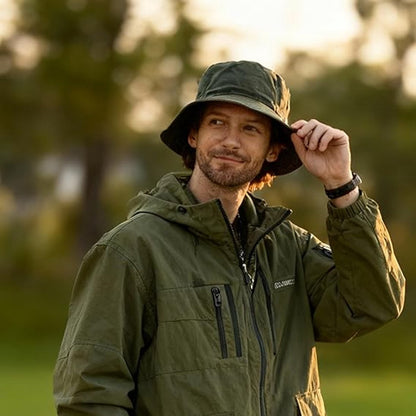 Hat - Sun Hat - Outdoor Jungle Hat - Foldable Bucket Hat - Rain Hat - Unisex - With Removable Chin Strap - 2-Piece (Black + Brick Red)