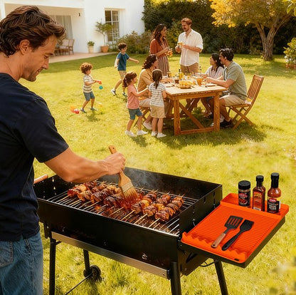 Silicone BBQ Grill Mat - 8-Slot Mat with Drip Tray - Heat-Resistant and Dishwasher-Safe - 40x27 cm - Gray