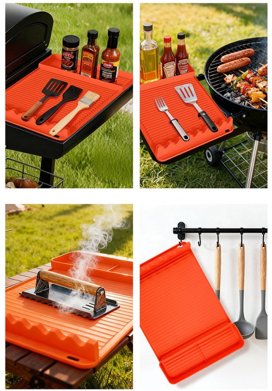 Silicone BBQ Grill Mat - 8-Slot Mat with Drip Tray - Heat-Resistant and Dishwasher-Safe - 40x27 cm - Gray