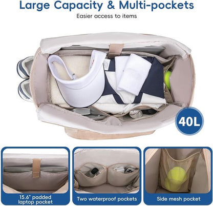 Tennis Bag – Extra Large Sports Bag with Shoe Compartment – Suitable for 2-4 Rackets – Waterproof and Lightweight – Unisex（Beige）
