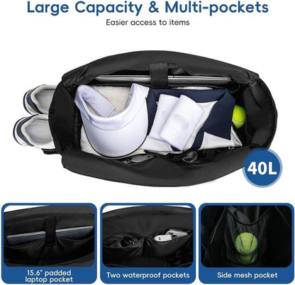 Tennis Bag – Extra Large Sports Bag with Shoe Compartment – Suitable for 2-4 Rackets – Waterproof and Lightweight – Unisex（Black）