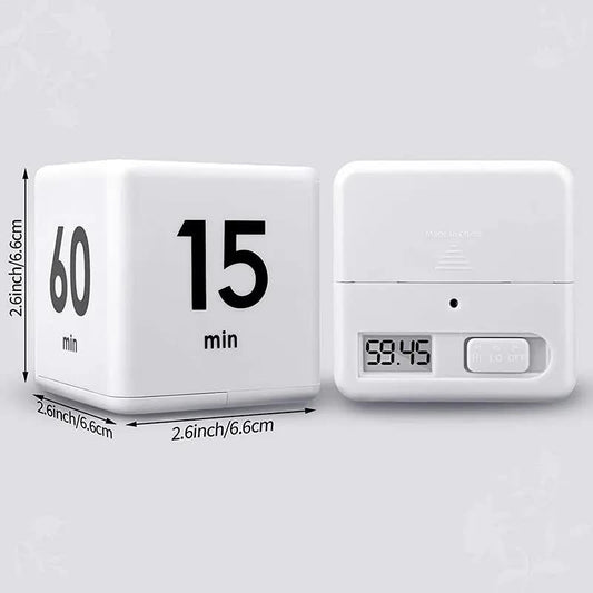 Flip Cube kitchen timer/countdown reminder with a gravity sensor, suitable for kitchens, bedrooms, offices, living rooms, and desks. It facilitates time management and offers timer options of 15, 20, 30, and 60 minutes.
