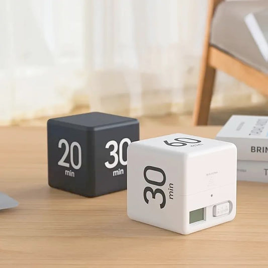 Flip Cube kitchen timer/countdown reminder with a gravity sensor, suitable for kitchens, bedrooms, offices, living rooms, and desks. It facilitates time management and offers timer options of 15, 20, 30, and 60 minutes.