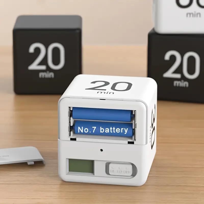Flip Cube kitchen timer/countdown reminder with a gravity sensor, suitable for kitchens, bedrooms, offices, living rooms, and desks. It facilitates time management and offers timer options of 15, 20, 30, and 60 minutes.