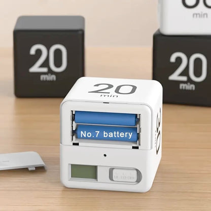 Flip Cube kitchen timer/countdown reminder with a gravity sensor, suitable for kitchens, bedrooms, offices, living rooms, and desks. It facilitates time management and offers timer options of 15, 20, 30, and 60 minutes.