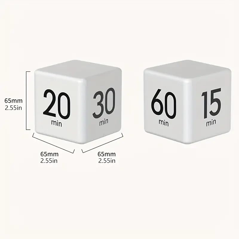 Flip Cube kitchen timer/countdown reminder with a gravity sensor, suitable for kitchens, bedrooms, offices, living rooms, and desks. It facilitates time management and offers timer options of 15, 20, 30, and 60 minutes.