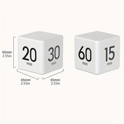 Flip Cube kitchen timer/countdown reminder with a gravity sensor, suitable for kitchens, bedrooms, offices, living rooms, and desks. It facilitates time management and offers timer options of 15, 20, 30, and 60 minutes.