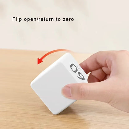 Flip Cube kitchen timer/countdown reminder with a gravity sensor, suitable for kitchens, bedrooms, offices, living rooms, and desks. It facilitates time management and offers timer options of 15, 20, 30, and 60 minutes.