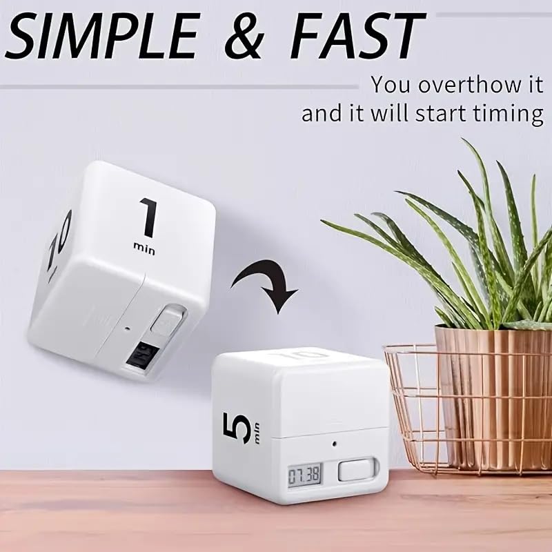 Flip Cube kitchen timer/countdown reminder with a gravity sensor, suitable for kitchens, bedrooms, offices, living rooms, and desks. It facilitates time management and offers timer options of 15, 20, 30, and 60 minutes.