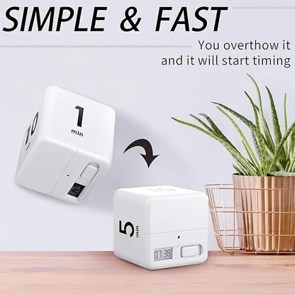 Flip Cube kitchen timer/countdown reminder with a gravity sensor, suitable for kitchens, bedrooms, offices, living rooms, and desks. It facilitates time management and offers timer options of 15, 20, 30, and 60 minutes.