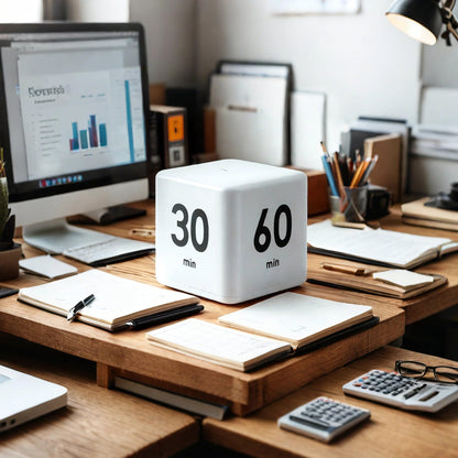 Flip Cube kitchen timer/countdown reminder with a gravity sensor, suitable for kitchens, bedrooms, offices, living rooms, and desks. It facilitates time management and offers timer options of 15, 20, 30, and 60 minutes.