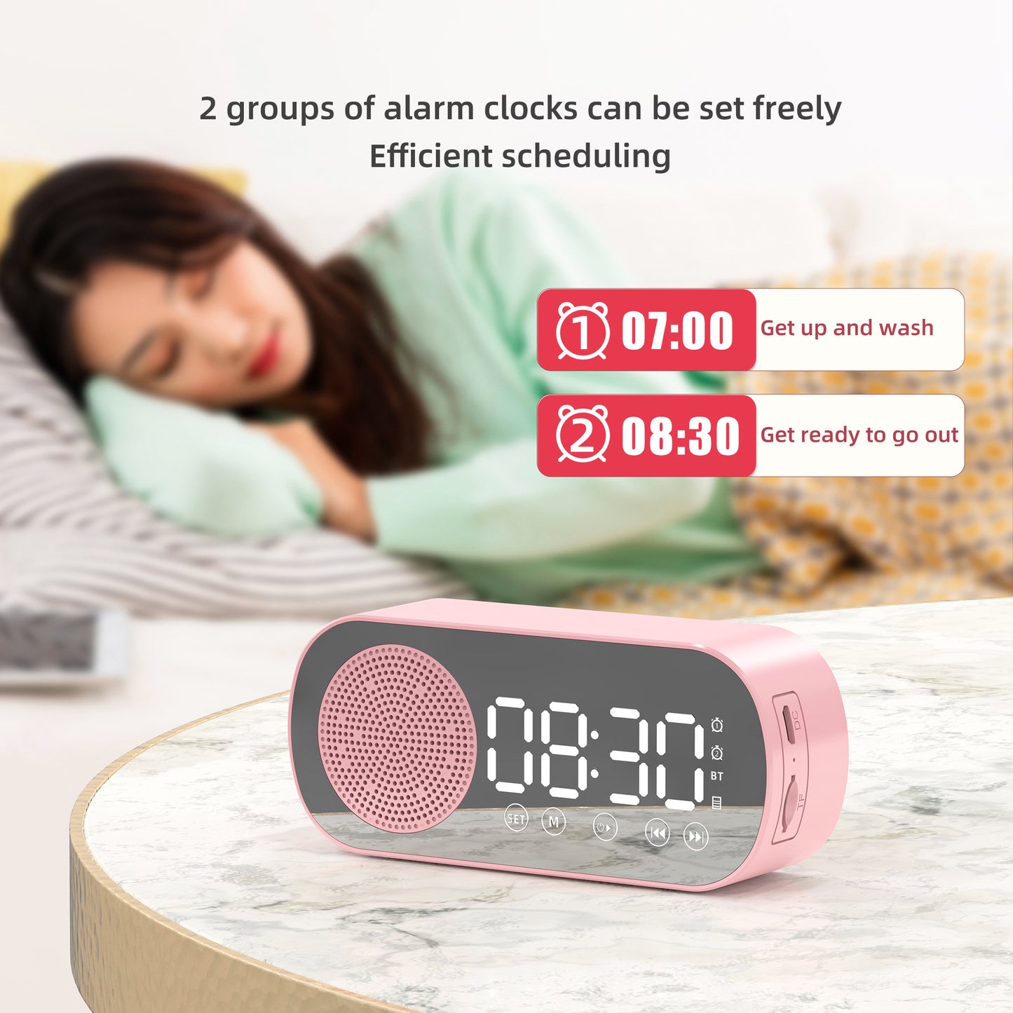 Alarm clock radio - mains powered alarm clock radio - child's alarm clock - digital alarm clocks - analog alarm clock - digital alarm clock - digital bedroom alarm clock - Bluetooth speaker - speaker - mirror with light - portable radio - white - 1 piece
