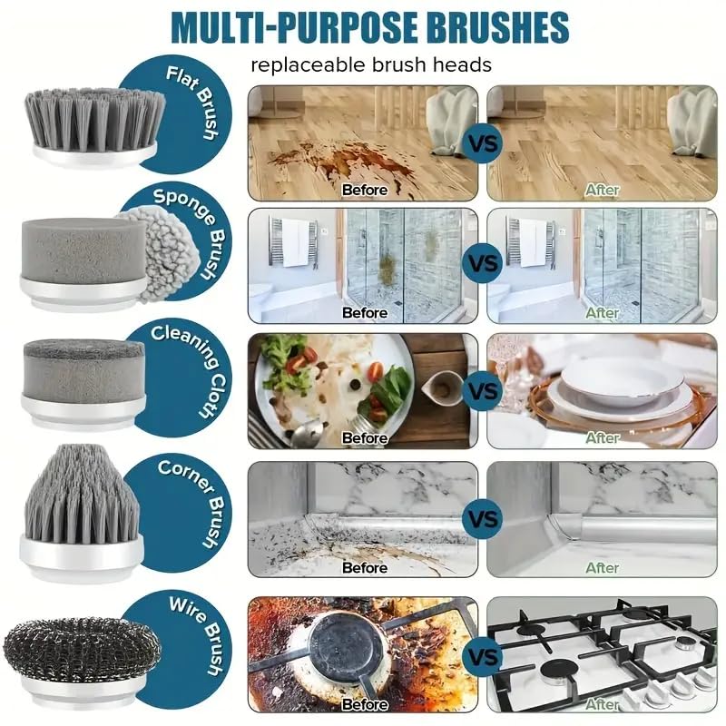 Electric Cleaning Brush - Spin Scrubber - Cordless Scrubbing Brush - Bathroom Cleaner - Power Scrubber - Tile Brush - Grout Brush - Kitchen Cleaning Tools - USB Rechargeable - Polishing Machine - With 5 Attachments - White - 1 Set