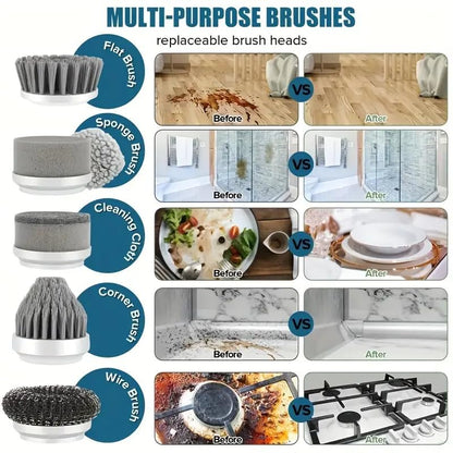 Electric Cleaning Brush - Spin Scrubber - Cordless Scrubbing Brush - Bathroom Cleaner - Power Scrubber - Tile Brush - Grout Brush - Kitchen Cleaning Tools - USB Rechargeable - Polishing Machine - With 5 Attachments - White - 1 Set