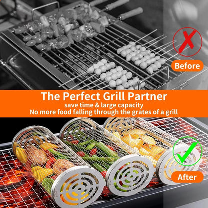 BBQ Grill Basket - Rotating Barbecue Basket - Stainless Steel Vegetable Basket - Fish Rack - Grill Basket - Barbecue Accessories - Cylinder Basket - BBQ Tool - With Oil Sprayer and Forks - Heat Resistant - Dishwasher Safe - Camping Cooking - Silver - 2 Pi