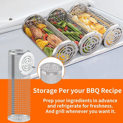 BBQ Grill Basket - Rotating Barbecue Basket - Stainless Steel Vegetable Basket - Fish Rack - Grill Basket - Barbecue Accessories - Cylinder Basket - BBQ Tool - With Oil Sprayer and Forks - Heat Resistant - Dishwasher Safe - Camping Cooking - Silver - 2 Pi